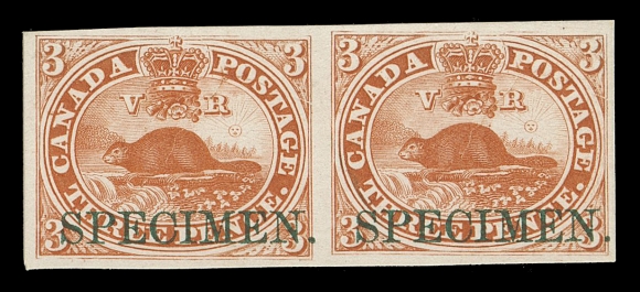 CANADA -  2 PENCE  1TCi,Trial colour plate proof pair in brownish red on card mounted india paper, with horizontal SPECIMEN overprint in dark green, exceptionally fresh, VF
