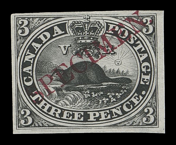 CANADA -  2 PENCE  1TCiv,Trial colour plate proof in black on india paper, natural small uneven area at foot, showing the seldom seen diagonal SPECIMEN overprint in carmine, VF