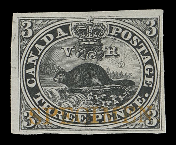 CANADA -  2 PENCE  1TCv + variety,Trial colour plate proof in black on india paper, showing the Relief Break Plate Crack (from plate transfer flaw), unusually prominent as this is an early stage proof and in black, horizontal SPECIMEN overprint in orange at foot, VF