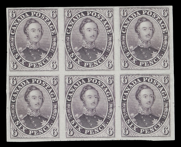 CANADA -  2 PENCE  2TCi,Trial colour plate proof block of six in red purple on india paper, well clear to large margins, shows trace of plate imprint at foot, beautiful colour, VF
