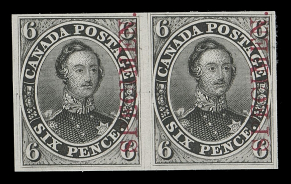 CANADA -  2 PENCE  2TCix,Trial colour plate proof pair in black on india paper, vertical SPECIMEN overprint in carmine, radiant colour and in pristine condition, VF