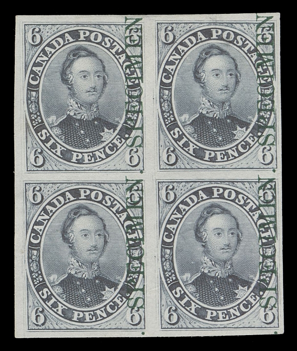 CANADA -  2 PENCE  2TCvi,Trial colour plate proof block in grey on india paper with vertical SPECIMEN overprint in green, bright colour, surrounded by mostly large margins. A lovely block, VF