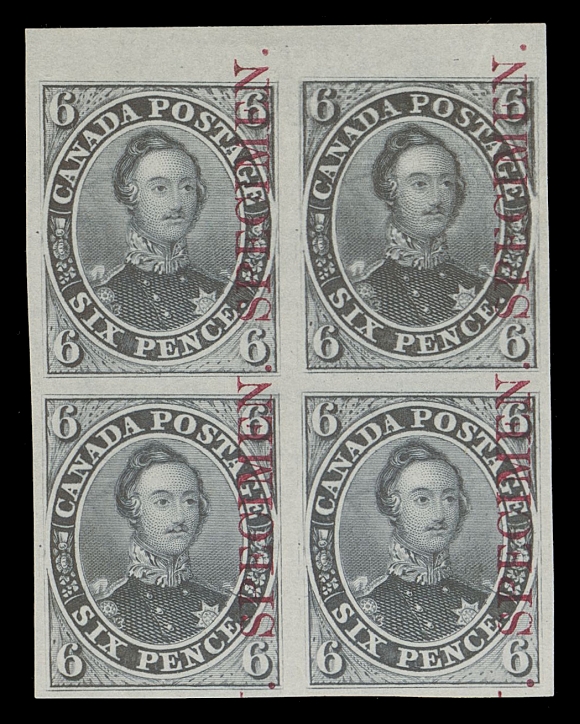 CANADA -  2 PENCE  2TCvii,Trial colour plate proof block in dark grey on india paper with vertical SPECIMEN overprint in carmine, sheet margin at top, VF