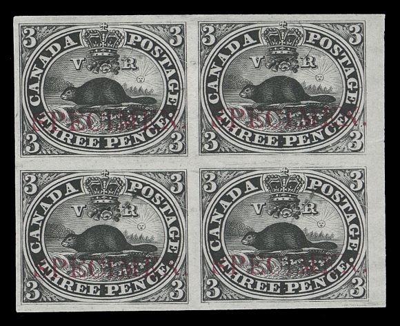 CANADA -  2 PENCE  1TCiii,Trial colour plate proof block of four printed in black on india paper with horizontal SPECIMEN overprint sin carmine, sheet margin at right. In pristine condition and scarce as a block, VF; ex. "Midland" Collection of Canada (January 2004; Lot 8)
