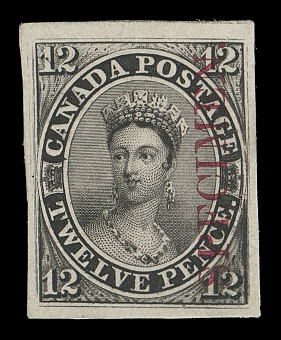 CANADA -  2 PENCE  3Pi,A superb, large margined plate proof in black  on card mounted india paper with vertical SPECIMEN overprint in carmine, XF