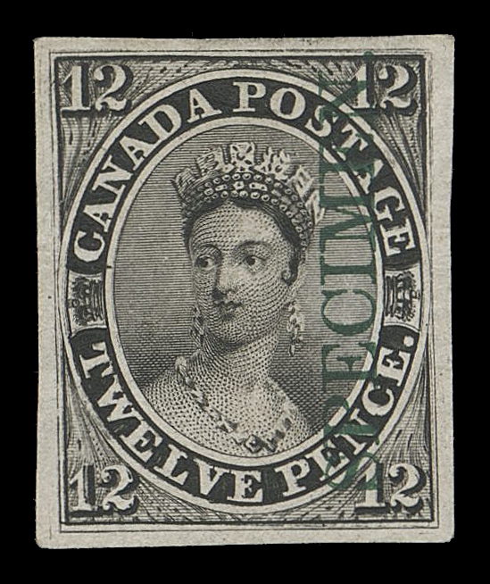 CANADA -  2 PENCE  3Piii,A very scarce plate proof in black with vertical SPECIMEN overprint IN GREEN, on india paper, mostly large margins with bright colour and sharp impression. One of the rarities of Pence issue plate proofs, VF
