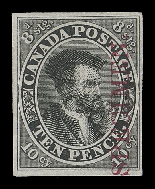 CANADA -  2 PENCE  7TCi,Trial colour plate proof printed in black with vertical SPECIMEN overprint in carmine, small natural india thin mentioned for the record. Seldom offered, VF