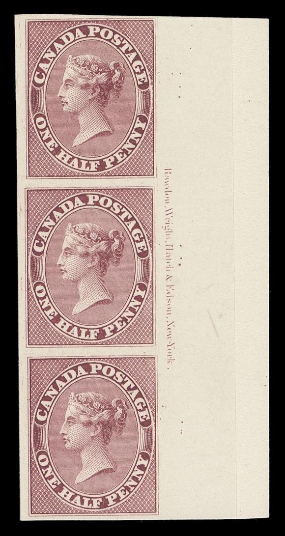 CANADA -  2 PENCE  8TC,A right margin plate proof imprint strip of three on card mounted india paper from the trimmed plate of 100 subjects, rich colour, attractive and VF