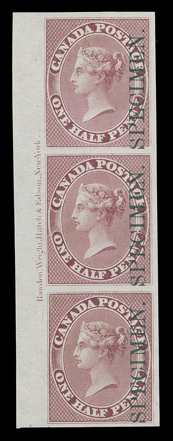 CANADA -  2 PENCE  8Pi,A very scarce left margin plate imprint strip of three on india  paper from the untrimmed plate of 120 subjects, vertical SPECIMEN overprints in dark green. Most existing proofs originate from  trimmed plates of 100 subjects which had all of the left-hand  imprints removed, VF and very scarce