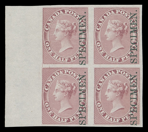 CANADA -  2 PENCE  8Pi,Plate proof block of four with vertical SPECIMEN overprint in dark green on india paper, sheet margin at left, choice, VF