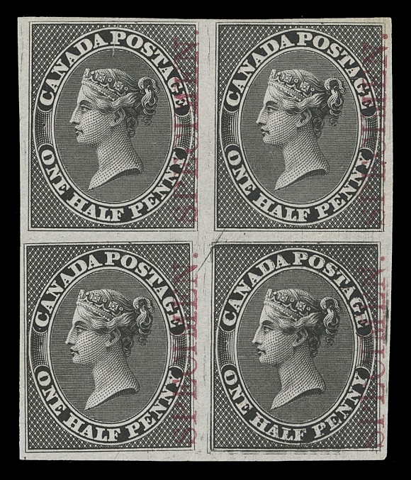 CANADA -  2 PENCE  8TCii + variety,Trial colour plate proof block printed in black on india paper, vertical SPECIMEN in carmine, small cut upper left, lower right proof shows the sought-after Major Re-entry (Position 120 in the untrimmed plate of 120 subjects) with strong doubling on nearly all lettering, bottom framelines, and characteristic diagonal line at top left. An attractive block displaying the best known and most dramatic Major Re-entry found on the Half penny, VF