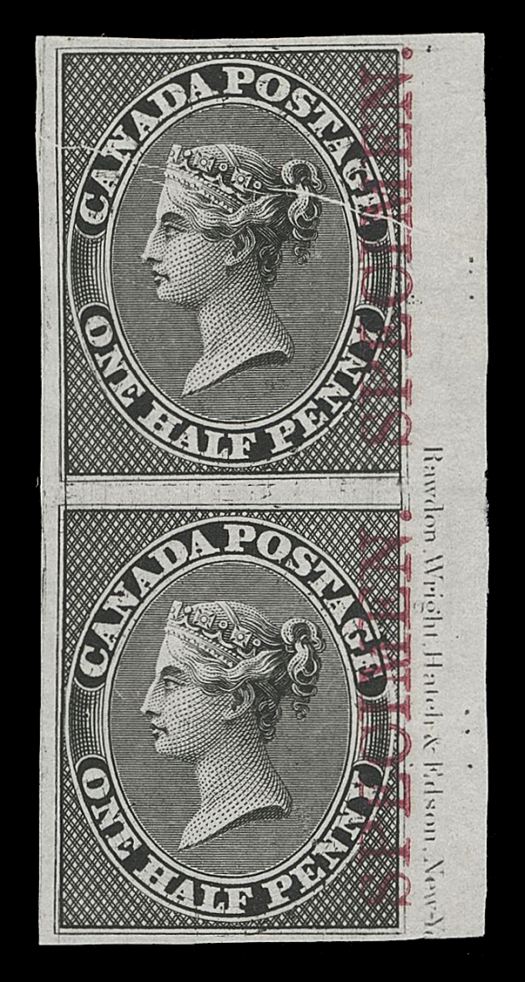 CANADA -  2 PENCE  8TCii + varieties,Right margin plate proof pair with nearly complete imprint, printed in black on india paper with vertical SPECIMEN overprint in carmine, natural pre-print paper fold at top, showing two prominent Major Re-entries (Positions 84 & 96 on the untrimmed plate of 120 subjects), strong doubling throughout design and characteristic traits all amplified from sharp impressions in black. Most appealing and perfect for the specialist, VF; ex. "Lindemann" Collection (private sale circa. 1997)