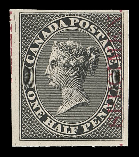 CANADA -  2 PENCE  8TCii + variety,Trial colour plate proof in black on card mounted india paper, vertical SPECIMEN in carmine, showing the Major Re-entry (Position 22 on the untrimmed plate of 120 subjects), prominent doubling on many letters including "CANADA POST", "ONE", and lower frameline, etc. A striking proof with a notable plate variety, VF