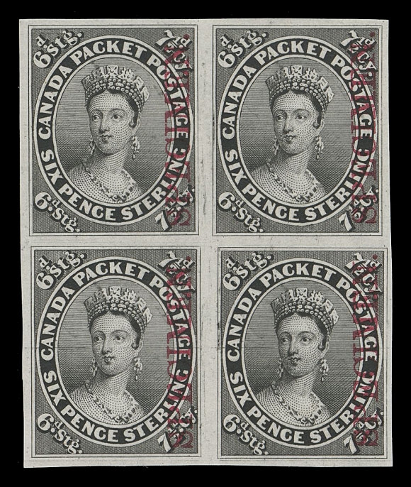 CANADA -  2 PENCE  9TCi,A superb trial colour plate proof block in black on india paper, vertical SPECIMEN in carmine, in pristine condition and rarely seen in a block, XF