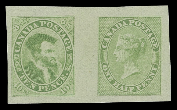 CANADA -  2 PENCE  7P & 8P,A spectacular American Bank Note Company se-tenant pair of Trade Sample Proofs originating from the trade sample sheet. Engraved and printed in a striking lime green colour on white wove paper with clear horizontal mesh. Outstanding in all respects and rarely offered as an intact pair, XF

Provenance: Dr. Lewis L. Reford, Part One, Harmer, Rooke & Co., February 1950; Lot 247