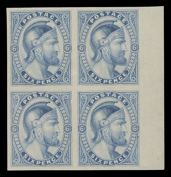 CANADA -  1 ESSAYS  Beautiful plate essay block of four, engraved, printed in bright blue on white wove paper, sheet margin at right. A very scarce and most attractive multiple, VF+; ex. "Carrington" Collection of Province of Canada (June 2002; Lot 3010)