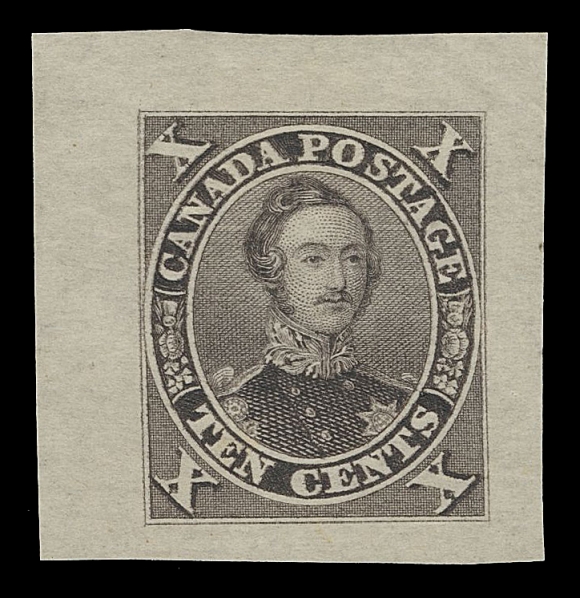 CANADA -  3 CENTS  16,An impressive trial colour die proof, engraved, printed in dark brown on the distinctive thin hard bond paper, originating from the Compound Die; faint corner bend at top right well away from design. An exceptional proof with colour and impression closely resembling those of the sought-after first printing, VF+