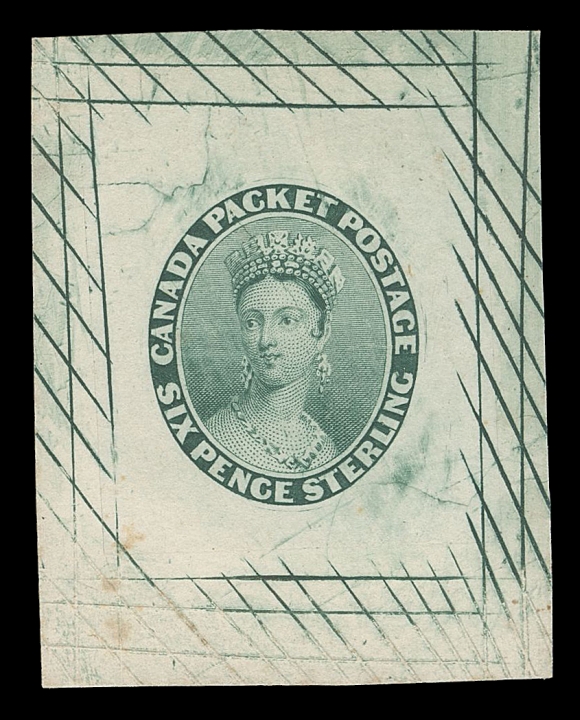 CANADA -  2 PENCE  9,Engraved "Goodall" Die Essay of the “Chalon” portrait and lettering, surrounded by cross-hatched lines, printed in dull bluish green on india paper 25 x 27mm sunk on card 32 x 40mm. A remarkable proof in unusually choice condition, VF

Provenance: Bertram Collection of Canada, Shanahan
