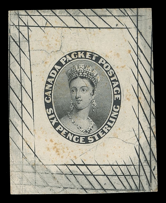 CANADA -  2 PENCE  9,A remarkable Engraved "Goodall" Die Essay of the “Chalon” portrait and lettering, surrounded by cross-hatched lines, printed in black on india paper 25 x 30mm, sunk on card 31 x 40mm, faint trace of foxing. An impressive "Chalon" proof - we do not recall offering another example in black, VF

Provenance: Bertram Collection of Canada, Shanahan