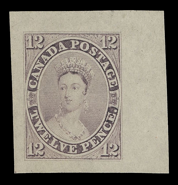 CANADA -  2 PENCE  3TC,An exceptionally fresh Trial Colour Die Proof, engraved, printed in dull purplish black on distinctive thin hard bond paper (0.003" thick), originating from the compound die and showing the characteristic "scar" at "CE" of "PENCE". An absolute beauty with a very striking colour and in the finest quality attainable; a wonderful item for a serious collection, XF GEM

Provenance: Sam Nickle Collection of Pence Issues, Firby, October 1988; Lot 121