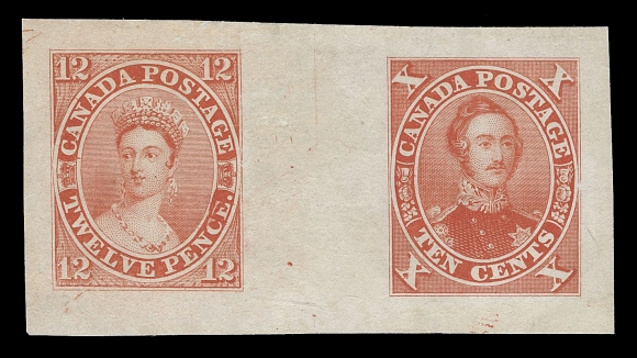 CANADA -  2 PENCE  3TCi,An impressive Compound Die Proof, engraved, printed in vermilion on india paper 56 x 30mm, rebacked, displaying the 1851 twelve penny "scar" die with distinctive scar through top of "CE" of "PENCE" and the 1859 ten cent as issued. A rare unsevered Compound Die Proof of superb appearance; a great showpiece, VF

Provenance: Stanley Cohen / Banfield Collection, Hennok Auctions Sale 19, April 1987; Lot 1014 - described as "trifle thin in margin between proofs".