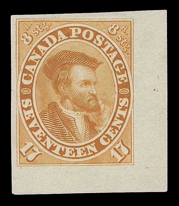 CANADA -  3 CENTS  19TCii + variety,A fabulous corner margin trial colour plate proof printed in orange yellow on india paper, showing the most important plate variety found on this particular denomination - The Major Re-entry (Position 100) with prominent doubling of upper left frameline and inside oval at right, among other traits. An exceedingly rare combination of this coloured proof with the major plate variety, VF