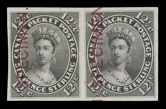 CANADA -  3 CENTS  18TCv, 18TCvii,An extremely scarce trial colour plate proof pair in black on india paper displaying se-tenant Type A and Type C SPECIMEN overprints in carmine. Type C is by far the scarcest of the three types - a maximum of 10 examples can exist from the sole sheet printed. It is uncertain how many survive, VF+

The Type C overprint measures 21.5 and has no period after SPECIMEN; only found on the fifth column - 10 positions in the sheet.