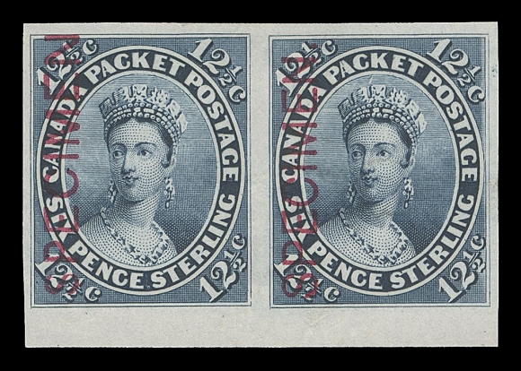 CANADA -  3 CENTS  18TCii, 18TCiv,A rare trial colour plate proof pair printed in blue on india  paper displaying se-tenant Type C and Type A SPECIMEN overprints  in carmine, sheet margin at foot. Small natural india thin at  foot,d mounting stain on back of right proof. The Type C  overprint on left proof (Position 95) is by far the scarcest of  the three known types, only 10 can exist from the sole sheet  printed in blue; likely fewer survive today, VF; ex. "Midland" Collection of Canada (January 2004; Lot 39)

The Type C overprint measures 21.5 and has no period after  SPECIMEN. It is only found in the fifth column - a total of 10  positions in the sheet.