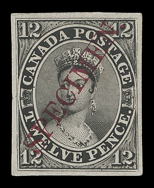 CANADA -  2 PENCE  3Pii,A challenging and sought-after plate proof single, printed in issued colour on india paper and showing the seldom seen diagonal SPECIMEN overprint in carmine, brilliant fresh and choice. Easily one of the most elusive plate proofs - in our opinion scarcer than the vertical specimen in green. A wonderful proof, VF