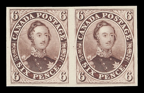 CANADA -  2 PENCE  2TC, 2TCxv,Trial colour plate proof pair in red lilac on card mounted india paper, showing the "Burr on Forehead" (Left Pane; Position 43) plate variety on left proof, in pristine condition, XF