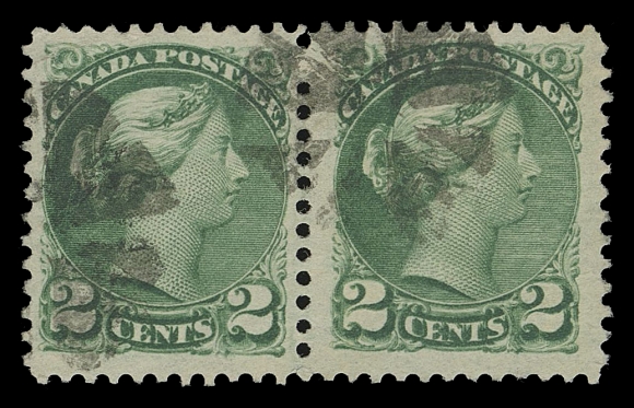 THE AFAB COLLECTION - CANADA  36i, 36vi,An appealing used pair with segmented cork cancels, right stamp  shows the elusive, unmistakable Major Re-entry (Position 97 of  the "Montreal" plate) with distinguishable features such as  mangled "CENTS", doubling in both lower "2s", in Queen