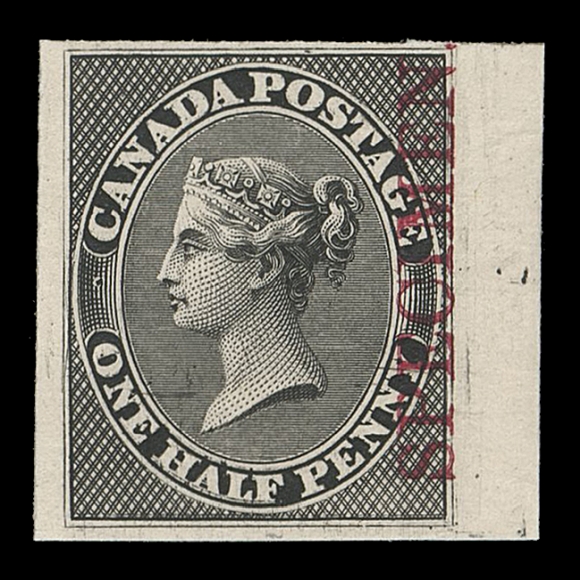 CANADA -  2 PENCE  8TCii + variety,Trial colour plate proof single printed in black on card mounted india paper with vertical SPECIMEN overprint in carmine, showing the Major Re-entry (Position 60 on the untrimmed plate of 120 subjects) with prominent doubling on much of the lettering including "CANADA", "HALF", right frameline, etc., striking and appealing, VF; ex. Sam Nickle (October 1988; Lot 97)