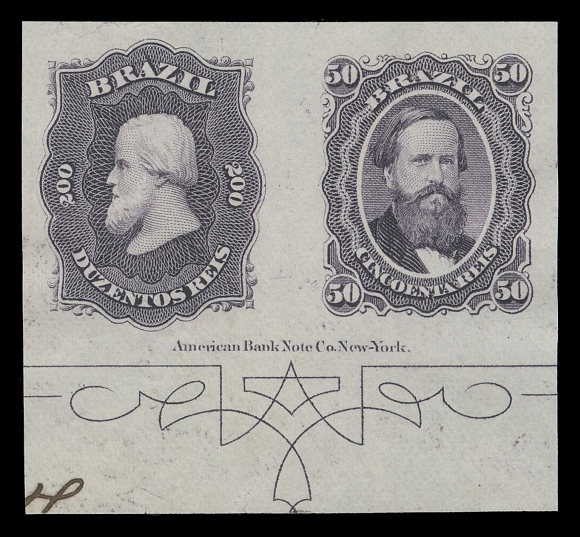 BRAZIL  56, 59,American Bank Note Co. trade sample proofs, engraved and printed in a lovely dark shade of purplish grey on white wove paper with vertical mesh. Brazil se-tenant pair with ABNC imprint and ornament scroll in lower margin; also other countries sample proofs from the same sheet with Chile, Costa Rica, Mexico, Nicaragua, Peru & El Salvador. Nicaragua & El Salvador proofs with horizontal crease, otherwise VF