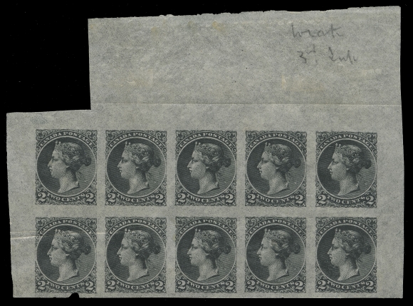 CANADA -  5 SMALL QUEEN  36,Canadian Bank Note Engraving & Printing Co. Plate Essay block of ten, the top two rows in the sheet of 25 subjects, engraved, printed in black on thin translucent handmade paper, gummed under the printing; left three in lower row with natural paper crease, small nick at bottom left, creased in top sheet margin. A rare and striking multiple of these interesting CBN essays, VF (Minuse & Pratt 36E-Ae)

Provenance: Bertram Collection of Canada, Shanahan