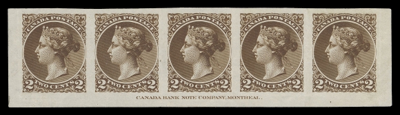 CANADA -  5 SMALL QUEEN  36,Canadian Bank Note Engraving & Printing Co., engraved plate essay strip of five printed in brown on india paper, showing full CBN Montreal imprint in lower margin, light folds between stamps, a fabulous and rarely seen multiple with plate imprint, VF

Provenance: Bertram Collection of Canada, Shanahan