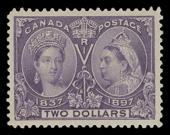 CANADA -  6 1897-1902 VICTORIAN ISSUES  62,A selected mint example of this difficult stamp, very well centered with large margins, fabulous rich colour unusual for this fugitive colour, faint fingerprint on gum not mentioned on certificates, a beautiful stamp with superior colour and centering, VF+ NH

Expertization: 2016 Greene Foundation and 2019 PSE certificates, the latter Graded VF-XF 85 Mint OGnh - the second highest graded $2 Jubilee NH stamp.