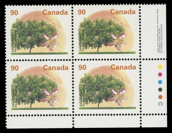 CANADA - 10 QUEEN ELIZABETH II  1374ii,Matched set of plate inscription blocks of four with elusive perforation change, scarce and in pristine condition, VF NH