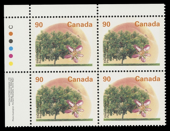 CANADA - 10 QUEEN ELIZABETH II  1374ii,Matched set of plate inscription blocks of four with elusive perforation change, scarce and in pristine condition, VF NH
