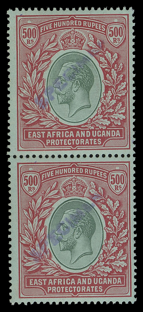 EAST AFRICA AND UGANDA  40-54,An impressive complete set of 20 fresh mint pairs (ex 20r blue as two singles), each stamp with local SPECIMEN handstamp in violet applied horizontally or diagonally, all with full original gum, F-VF NH; an appealing and scarce set. (SG 44-63)