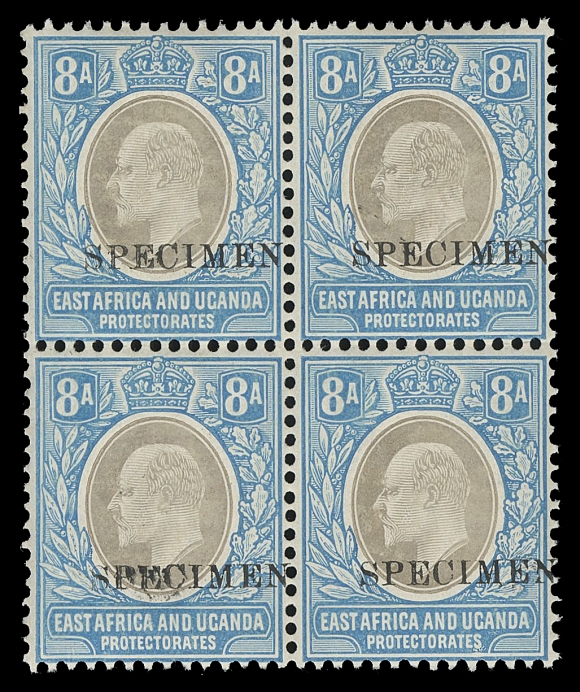 EAST AFRICA AND UGANDA  17-29A,Set of 14 complete to the 10 rupee, all in fresh mint blocks of four; the ½a-8a with horizontal serifed SPECIMEN overprint in black, high values with local SPECIMEN handstamp in violet applied diagonally, F-VF NH (SG 17-31)