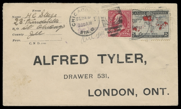 CANADA -  6 1897-1902 VICTORIAN ISSUES  1900 (February 17) Alfred Tyler pre-printed envelope franked with 2c Map stamp, mailed from Chicago and tied by dispatch duplex, partial Return for Postage instructional marking and pencil "due 2" with 2c red Washington (Scott 279B) affixed and tied by Chicago FEB 19 duplex, London FE 20 00 receiver backstamp. A neat and unusual dual franking, VF (Unitrade 86)