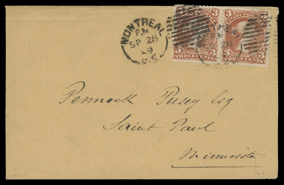 CANADA -  4 LARGE QUEEN  1869 (September 28) Clean buff envelope from Montreal to Saint Paul, Minnesota, bearing horizontal pair of 3c red Large Queen on the scarce thick soft "blotting" paper, a few dull perfs top left due to placement, characteristic deep shade and sharp impression, tied by Montreal duplex; cover slightly reduced at left, no backstamp as customary for the mail to the US, a very scarce printing on cover, VF; ex. John Siverts (May 1989; Lot 762) (Unitrade 25iii)