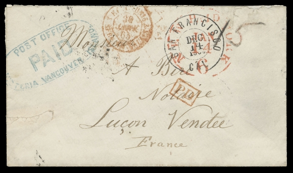 BRITISH COLUMBIA  1864 (December) Clean white envelope with albino Edgar & Aime, Victoria, V.I. embossing on backflap, clear Colonial large oval Post office PAID Victoria, Vancouver Island (R. Lowe HS-5) provisional frank in blue, denoting 5c postage was paid, additionally rated "15" prepaid to France with neat San Francisco DEC 14 1864 double ring datestamp next to transit New York Paid "6" JAN 14 CDS in red; four different French transit and receivers, one on front and three on back along with red French boxed "PD" (paid); sealed cover tear at right, a beautiful and rare early Vancouver Island Colony prepaid trans-atlantic cover to France, VF

The Vancouver Island 5c & 10c postage stamps were issued months later, in September of 1865.