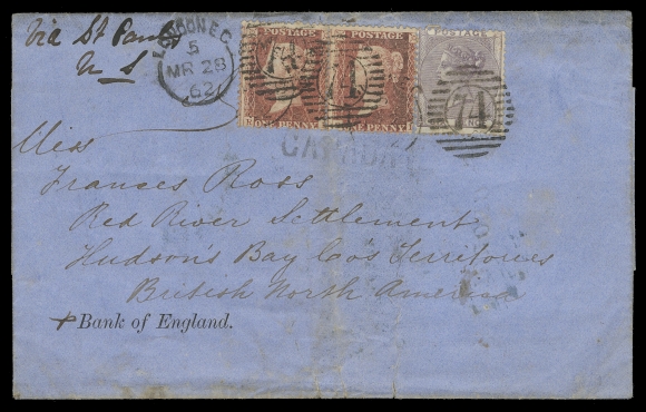 RED RIVER SETTLEMENT  Incoming Mail: 1862 (March 28) Blue folded cover from Bank of England, London, endorsed "via St. Pauls US" at top left, addressed to Miss Frances Ross, Red River Settlement, Hudson