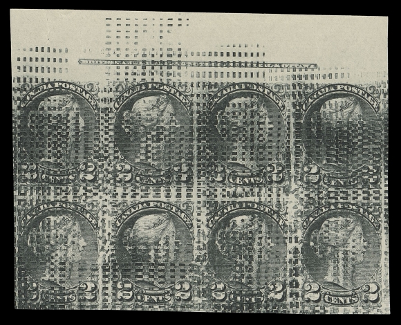 CANADA -  5 SMALL QUEEN  36,Imperforate plate block of eight on wove paper showing full plate imprint (Boggs Type IV) at top, displaying overall "blanket" of small defacement dashes, horizontal crease along bottom of second row as often seen on these; a scarce block, VF (Unitrade cat. $6,400)