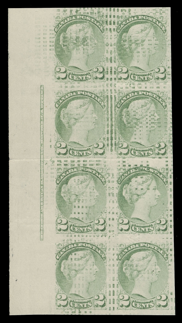CANADA -  5 SMALL QUEEN  36,Imperforate plate block of eight printed on wove paper showing the full plate imprint (Boggs Type IV) at left, defaced with a "blanket" of small dashes, horizontal central fold between blocks, a rare positional proof block, VF (Unitrade cat. $6,400)