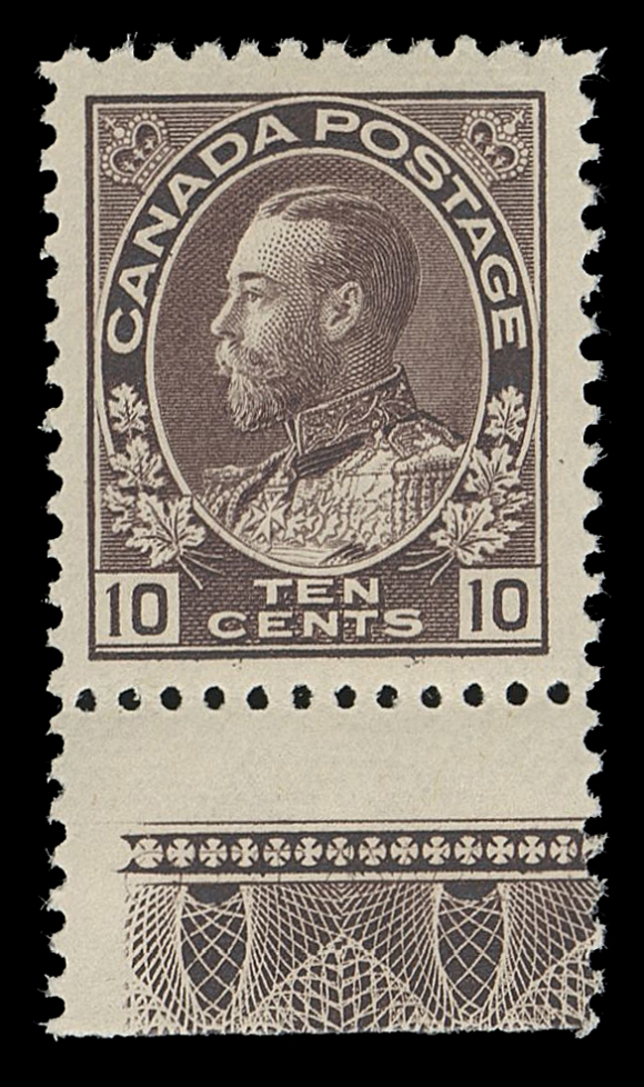 CANADA -  8 KING GEORGE V  116,A very well centered mint single with balanced large margins, plate imprint "OTTAWA - N" is visible under full strength Type A lathework, tiny natural gum inclusion, VF LH and scarce; photocopy of 2006 Greene Foundation cert. for a strip of three from which it originates