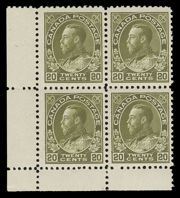 CANADA -  8 KING GEORGE V  119b,Mint lower left corner block of this particularly scarce shade, with rich colour on fresh paper, F-VF NH, a very scarce block; 2014 Greene Foundation cert. 