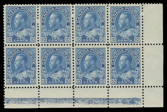CANADA -  8 KING GEORGE V  117ii,A remarkably well centered corner margin block of eight displaying well-above average strength Type D lathework (from 50-70% strength), negligible bend on top right stamp, brilliant fresh mint with full immaculate original gum. A fabulous lathework multiple, VF NH (Unitrade value reflects the usual lesser strength of 40%)