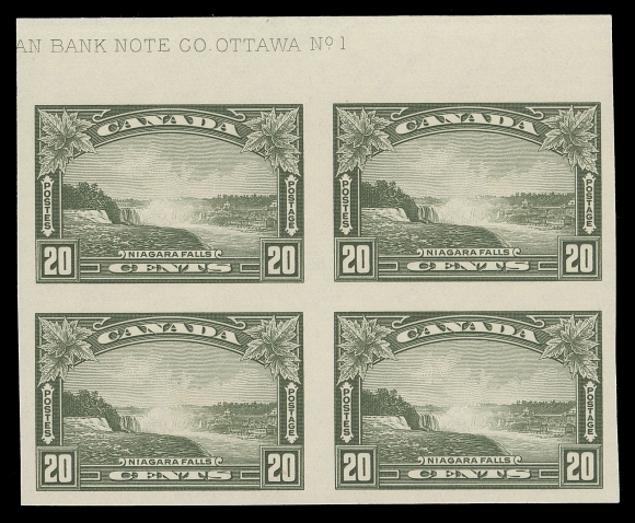 CANADA -  8 KING GEORGE V  225a,A fresh mint imperforate block showing large portion of (Canadi)an Bank Note Co. Ottawa No. 1 plate imprint in top margin; only six imperforate plate blocks are recorded (two of which are blocks of four), VF NH